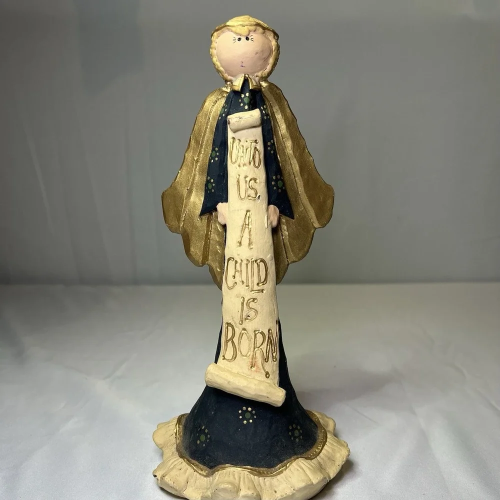 Folk Art Angel Figurine Navy Blue Gold Scroll Unto Us A Child Is Born‎ Primitive